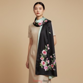 Khăn lụa 2 mặt đen thêu hoa và lá 55*200 cm - mẫu 10